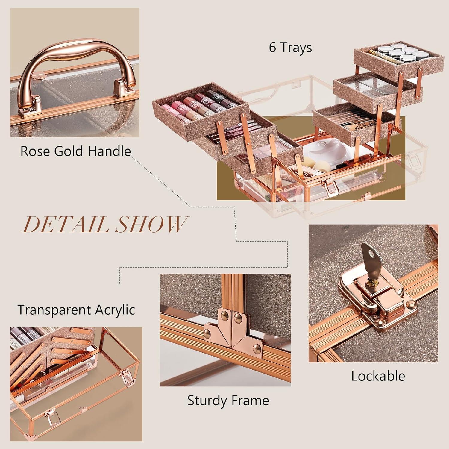 Estuche de Maquillaje FRENESSA Rosa Dorado 6 Bandejas 30x18x19.5cm