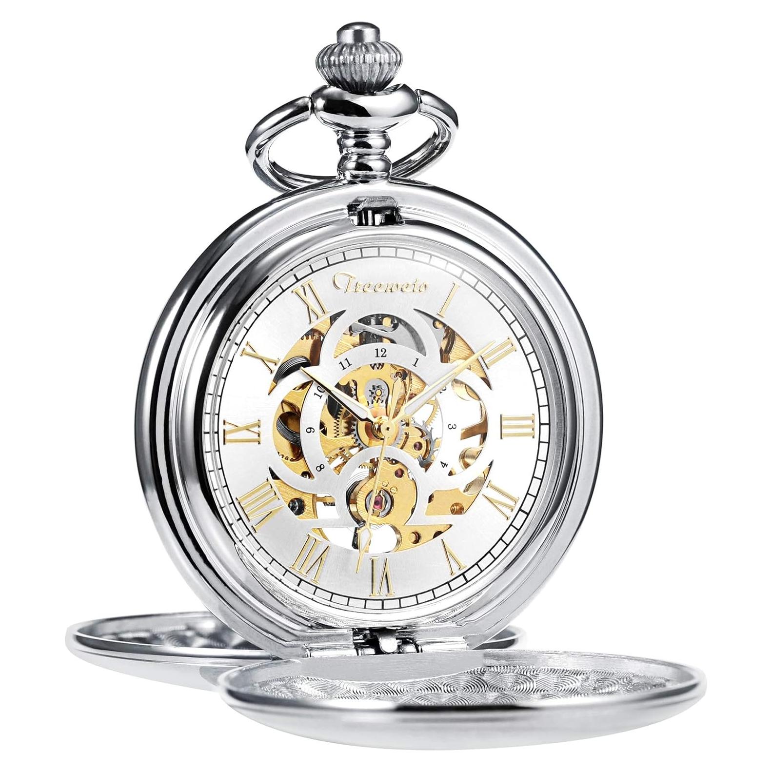 Reloj de bolsillo mecánico TREEWETO Vintage Doble Tapa Plata