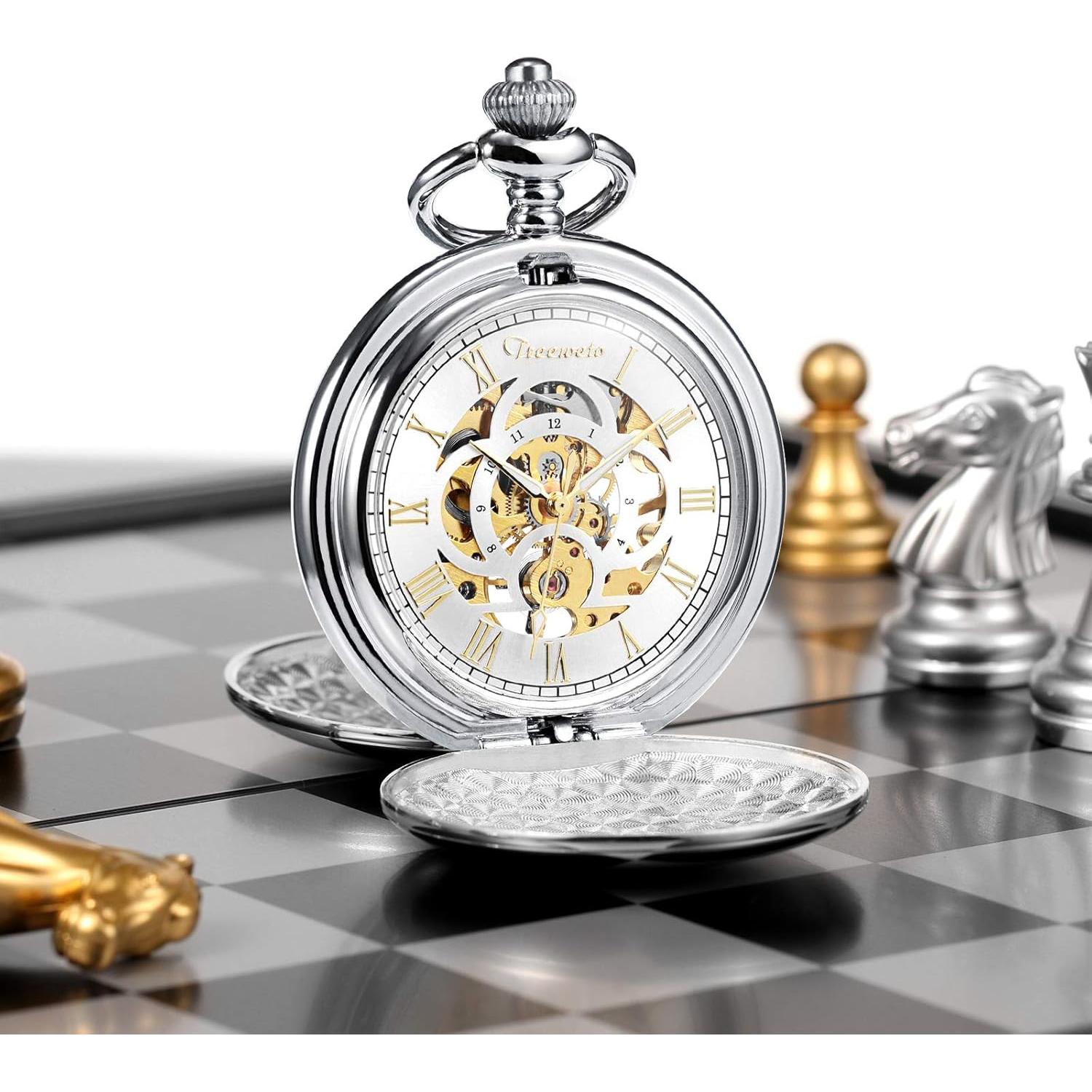 Reloj de bolsillo mecánico TREEWETO Vintage Doble Tapa Plata