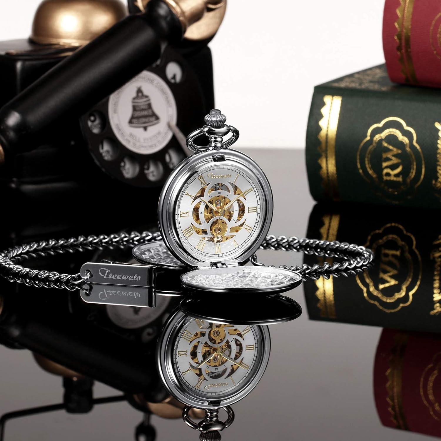 Reloj de bolsillo mecánico TREEWETO Vintage Doble Tapa Plata