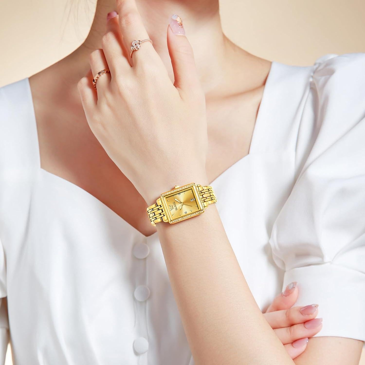 Reloj OLEVS Dorado Cuadrado con Diamantes para Mujeres