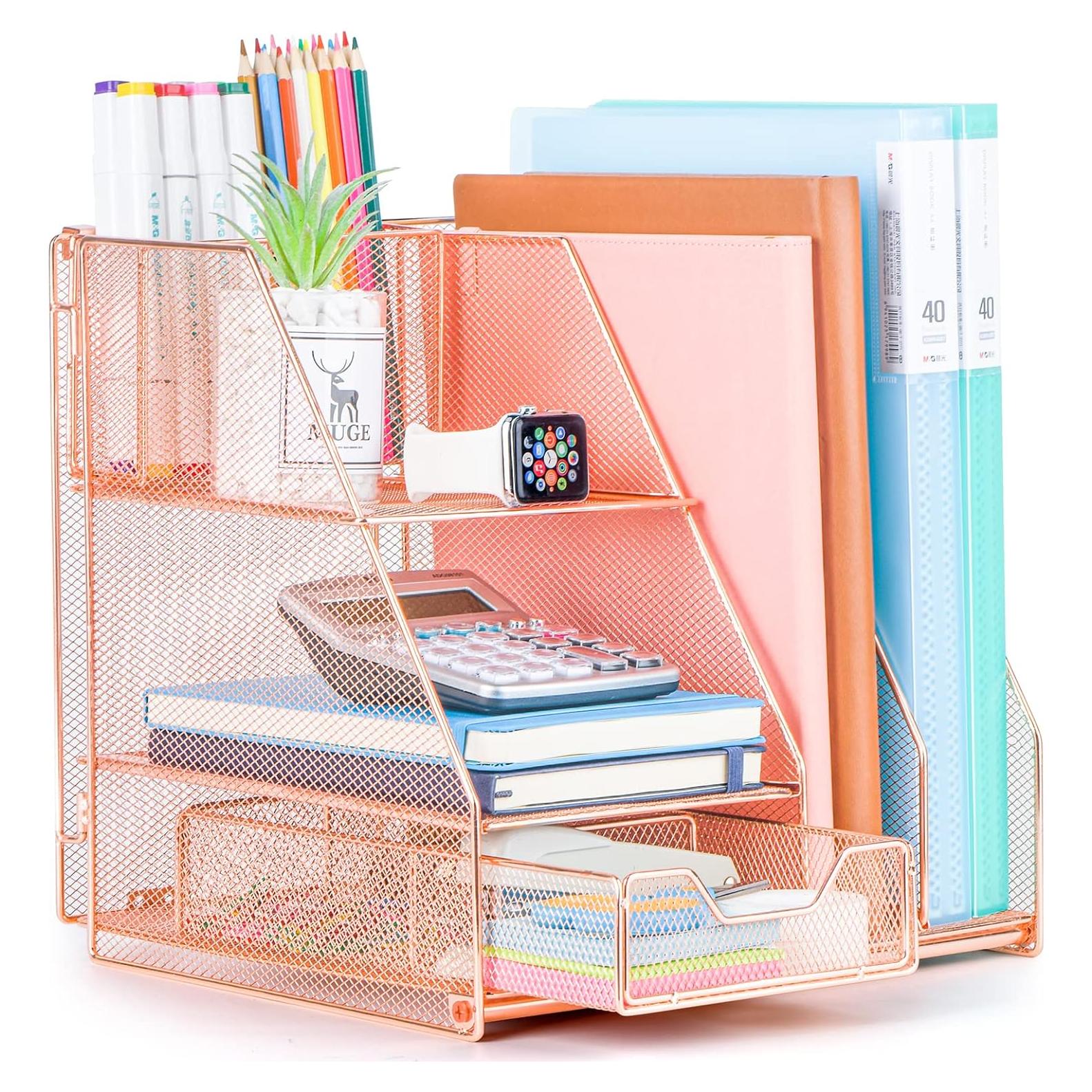 Organizador de Escritorio Topwey Oro Rosa con Cajón y Bandejas