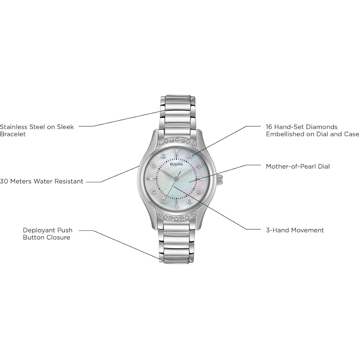 Reloj de acero inoxidable Bulova 96R216 con 16 diamantes