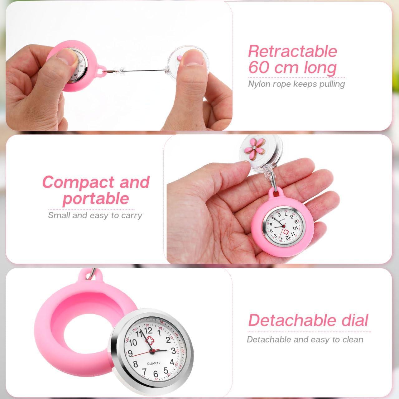 Reloj de solapa Hemobllo rosa para enfermeras retráctil
