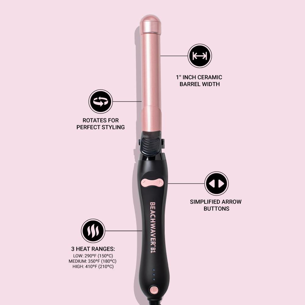 The Beachwaver Co. B1 Rotating Curling Iron - Automatic 1" Ceramic Curling Iron - Easy-to-Use Spinning Wand for Long-Lasting Waves, Auto-Shut Off, Travel-Friendly, Dual Voltage (BW160), Midnight Rose
