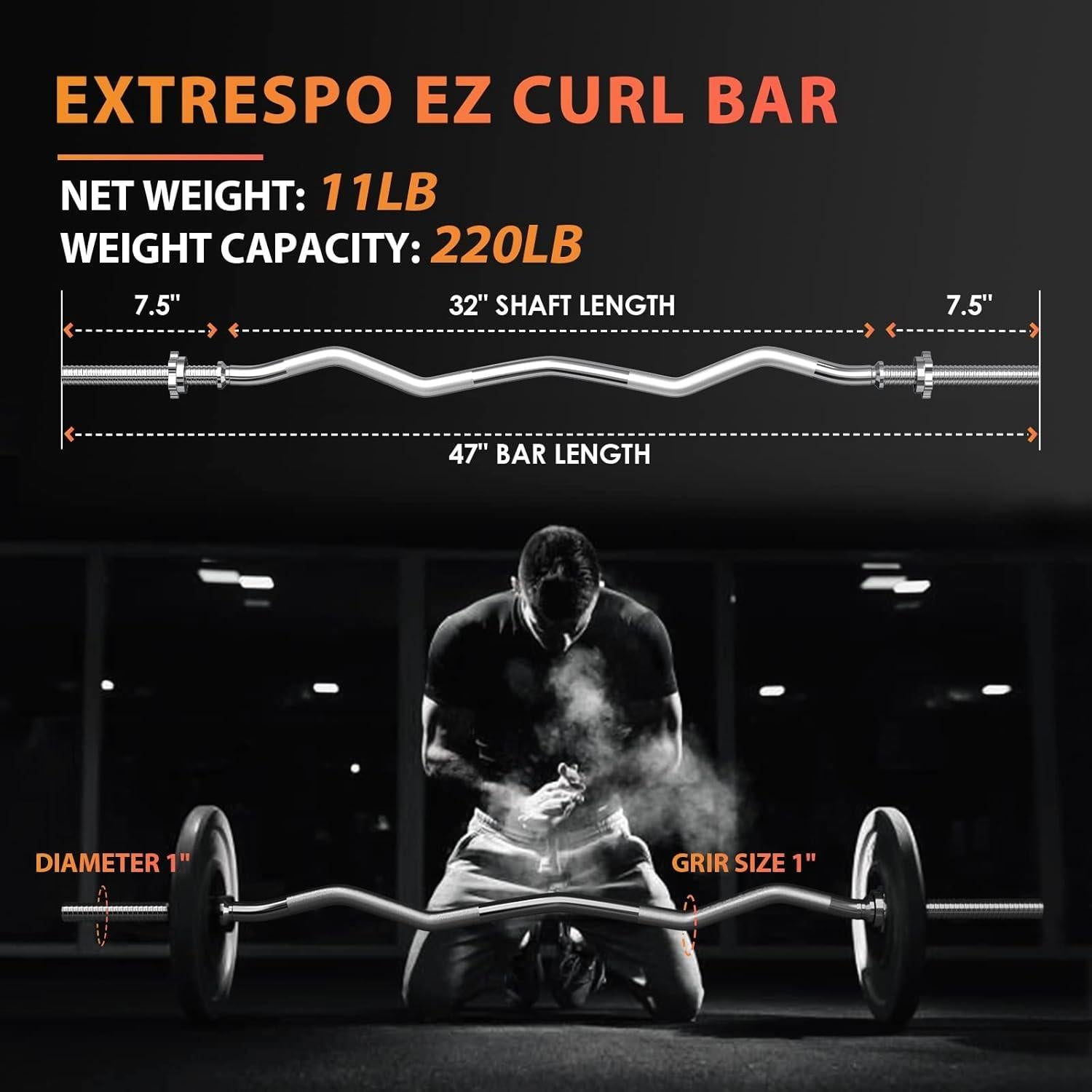 Barra de Curl EZ ExtreSpo 119 cm para Pesas con Collares