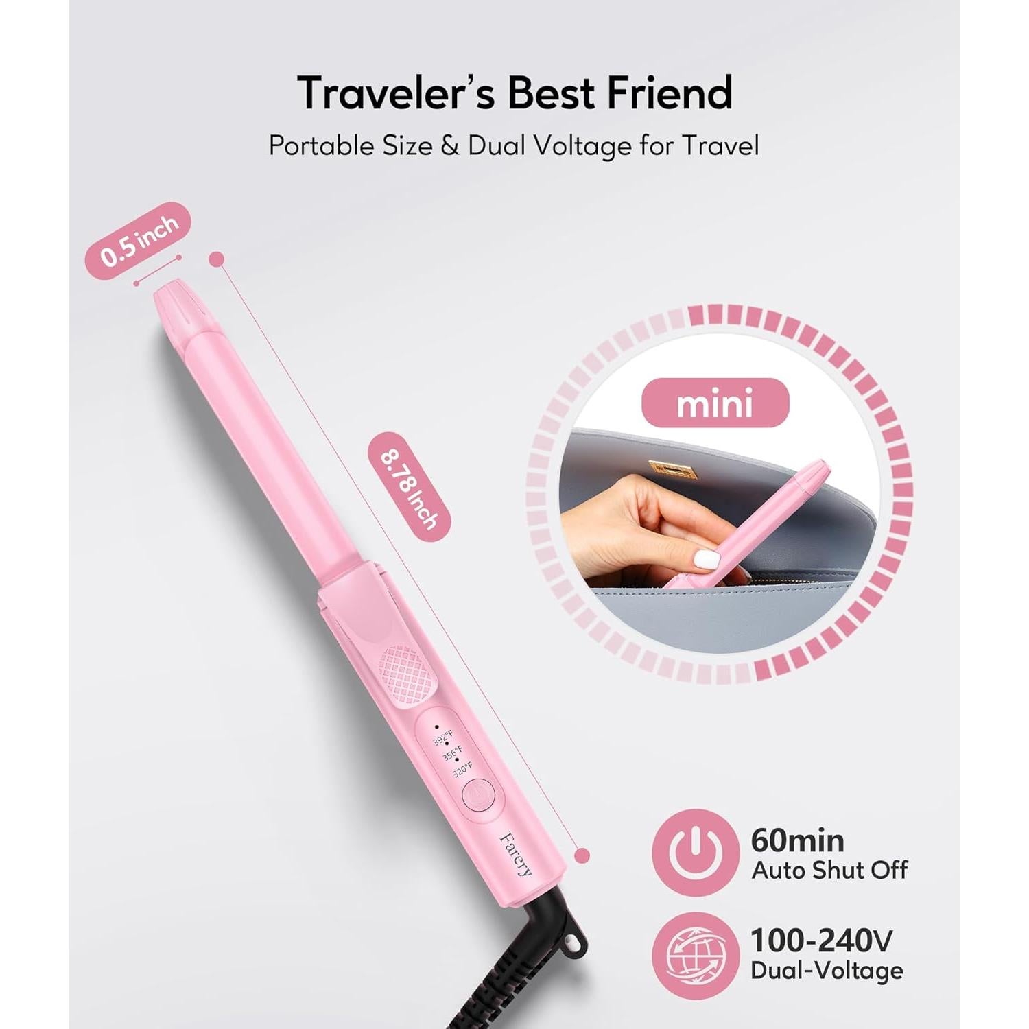 Mini Plancha de Rizar Farery 1/2" Cerámica Viaje Rosa