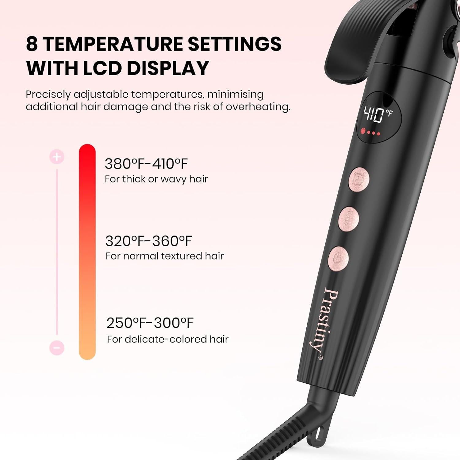 Rizador de Cabello Prastiny 1.25" Cerámica LCD Doble Voltaje