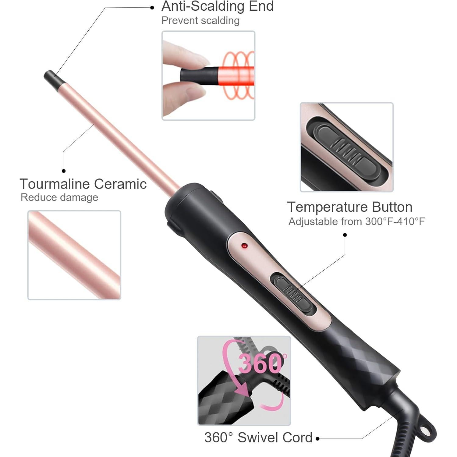 hopopower 3/8 Inch Small Curling Iron Wand, 9mm Thin Curling Wand for Short & Long Hair, Ceramic Hair Curler Wand with 2 Temperature, Small Barrel Curling Iron, Include Heat Protective Glove-Rose Pink