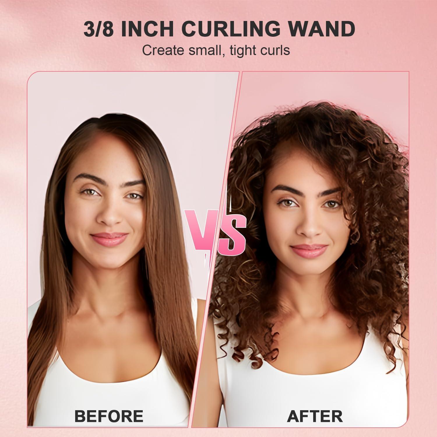 hopopower 3/8 Inch Small Curling Iron Wand, 9mm Thin Curling Wand for Short & Long Hair, Ceramic Hair Curler Wand with 2 Temperature, Small Barrel Curling Iron, Include Heat Protective Glove-Rose Pink