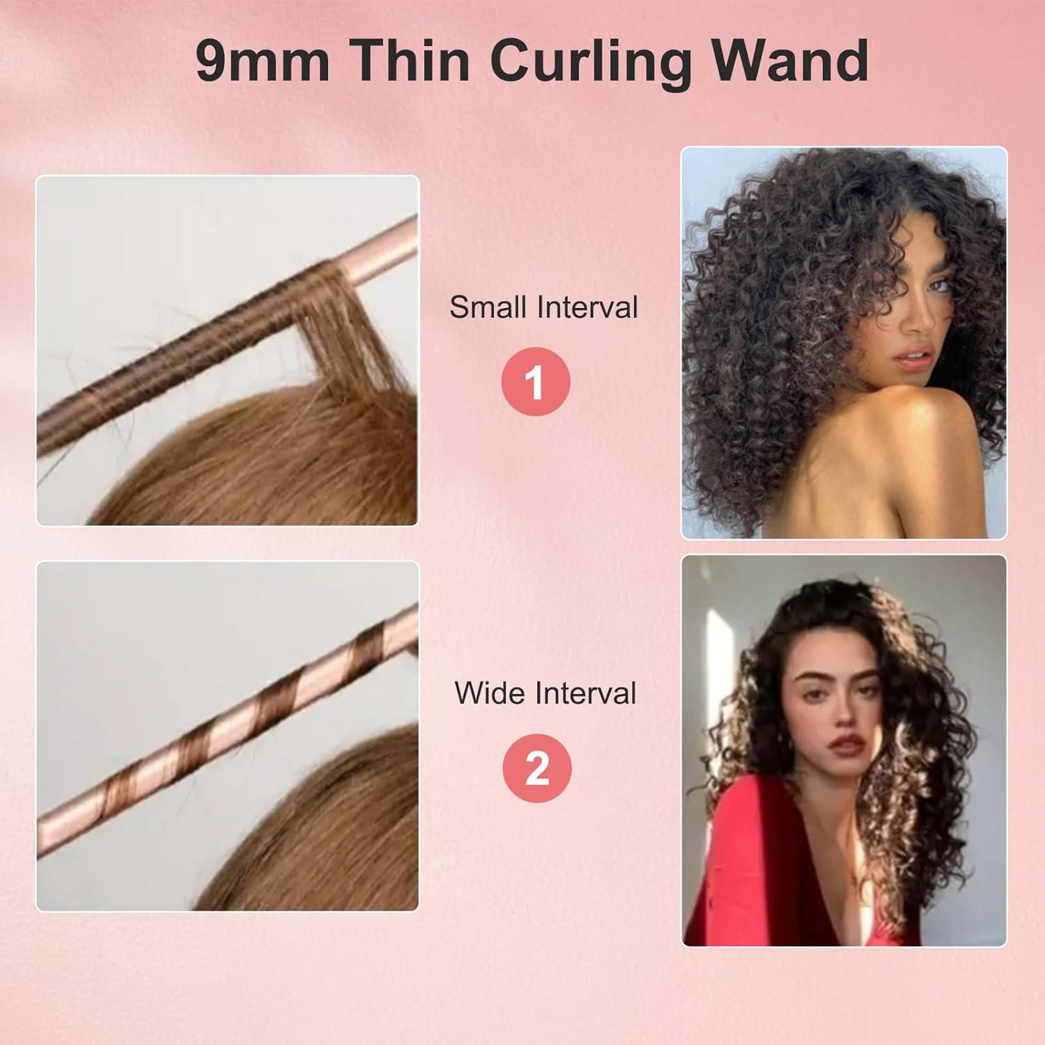 hopopower 3/8 Inch Small Curling Iron Wand, 9mm Thin Curling Wand for Short & Long Hair, Ceramic Hair Curler Wand with 2 Temperature, Small Barrel Curling Iron, Include Heat Protective Glove-Rose Pink