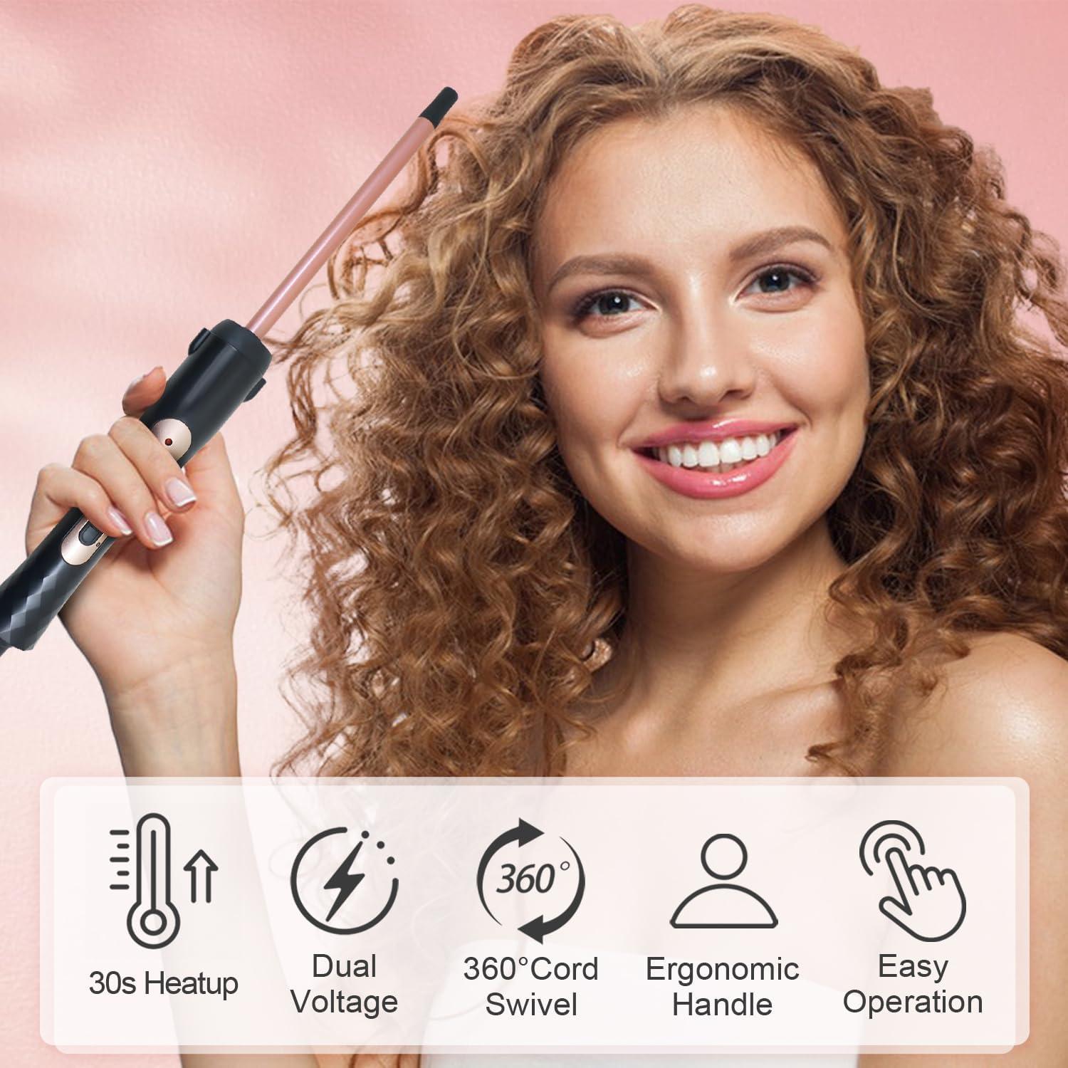 hopopower 3/8 Inch Small Curling Iron Wand, 9mm Thin Curling Wand for Short & Long Hair, Ceramic Hair Curler Wand with 2 Temperature, Small Barrel Curling Iron, Include Heat Protective Glove-Rose Pink