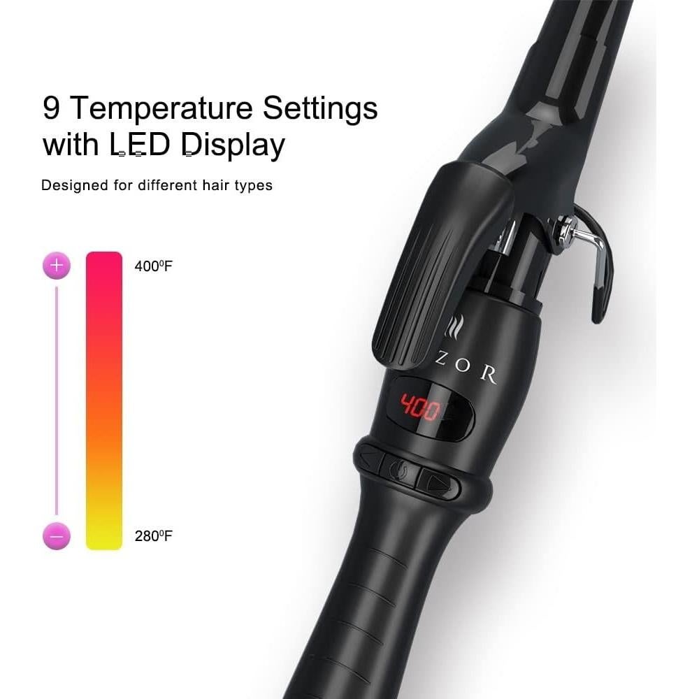 Professional Curling Iron Tapered Curling Wand 1-1/2" Ceramic Hair Curler, Fast Heat-up Multiple Temp Settings Curling Wand with LED Display Auto Shut Off and 2 Hair Clips