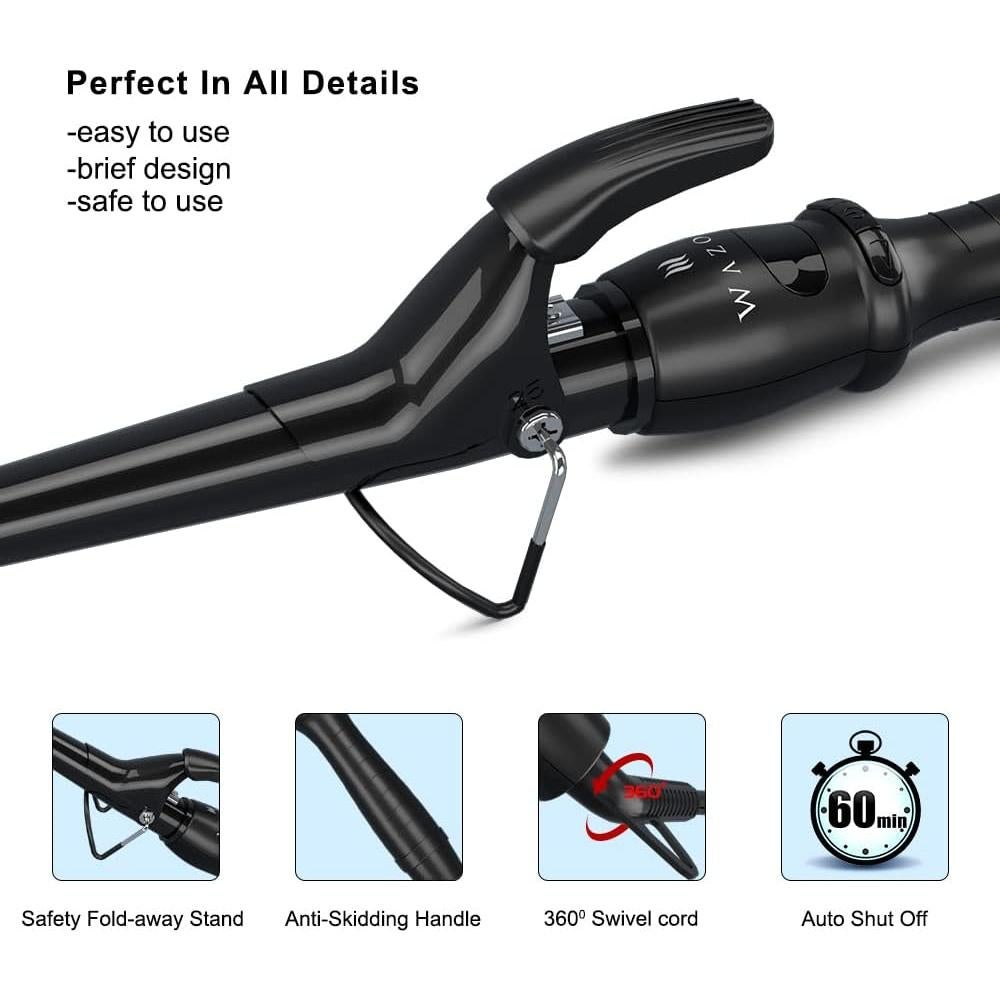 Professional Curling Iron Tapered Curling Wand 1-1/2" Ceramic Hair Curler, Fast Heat-up Multiple Temp Settings Curling Wand with LED Display Auto Shut Off and 2 Hair Clips