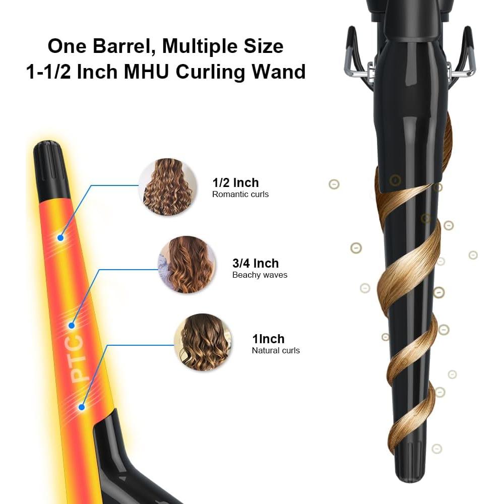 Rizador Cónico MHU PRO 1.5" con Pinza Corta y 9 Temperaturas