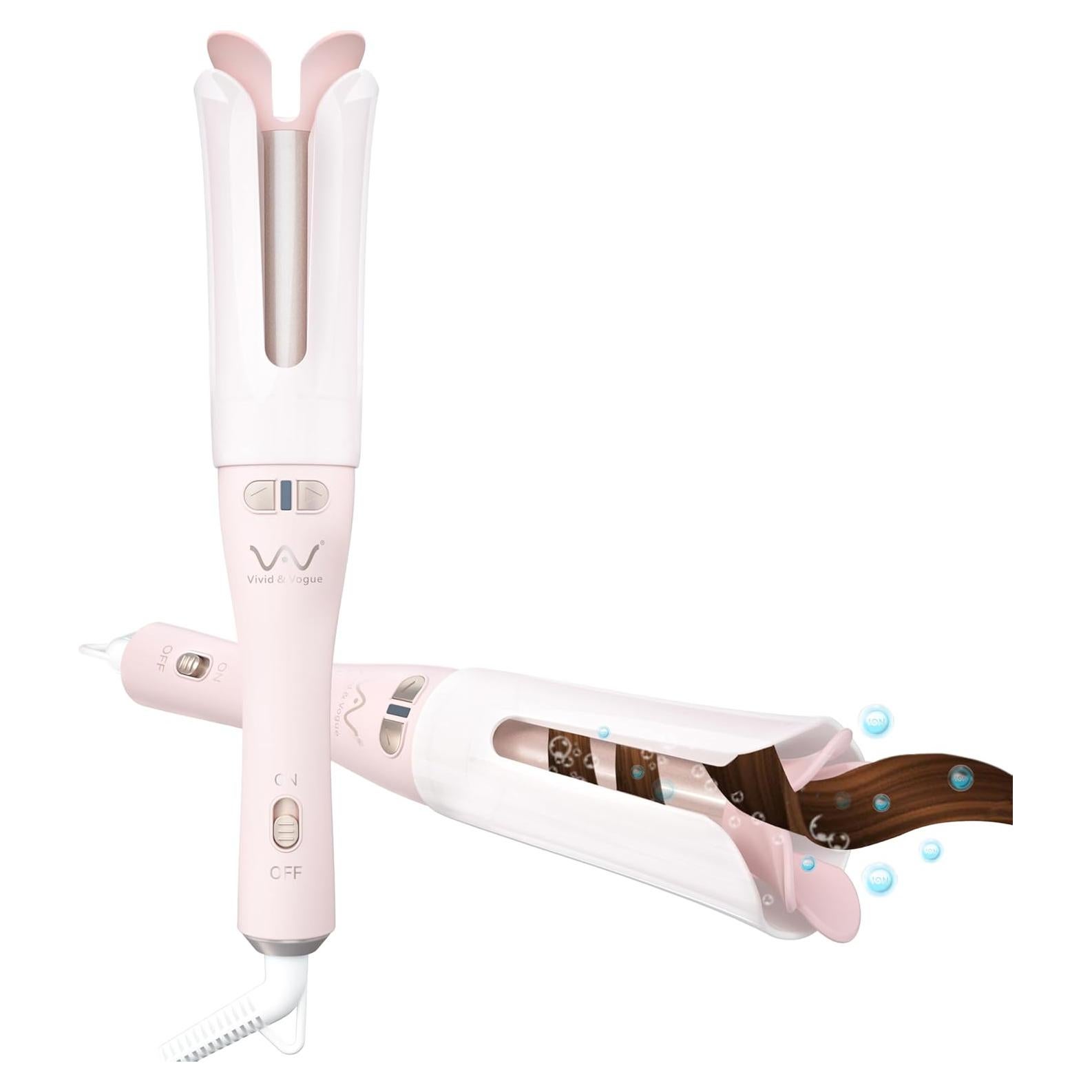 VAV Automatic Curling Iron & Rotating Hair Curler, 1.25-Inch Large Barrel for Long/Medium Hair, Fast Heating Ceramic Styler with Anti-Scald Tip, Tangle-Free & Safe Design (Pink)