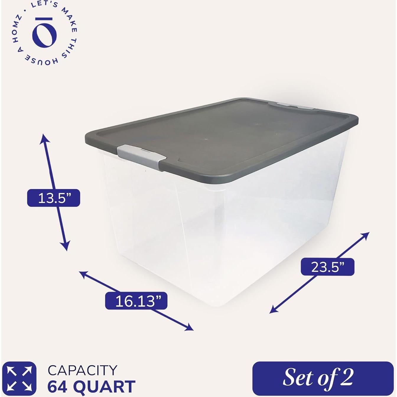 HOMZ Juego de 2 Contenedores de Almacenamiento 64L Tapa Gris