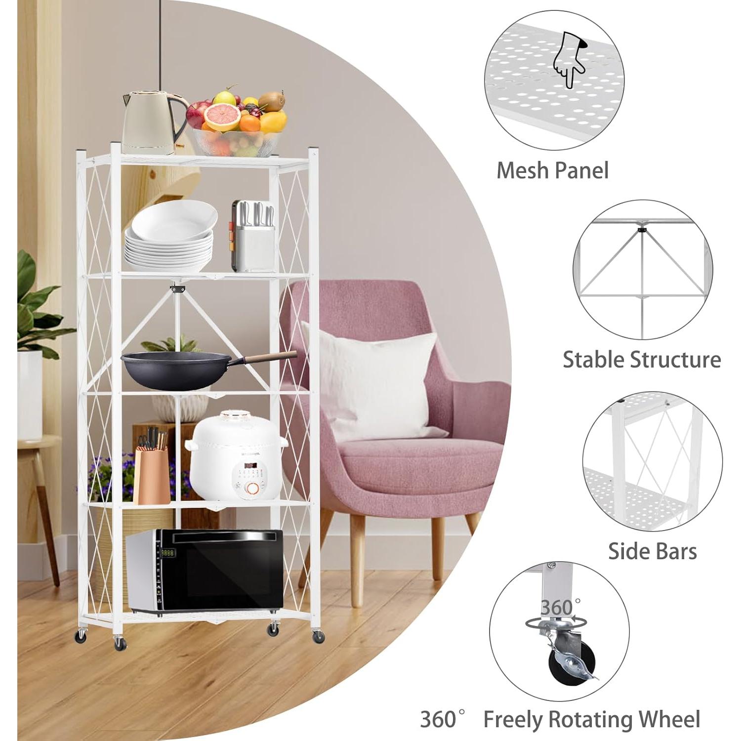 Estante Plegable de 5 Niveles Yuanjimi Blanco con Ruedas