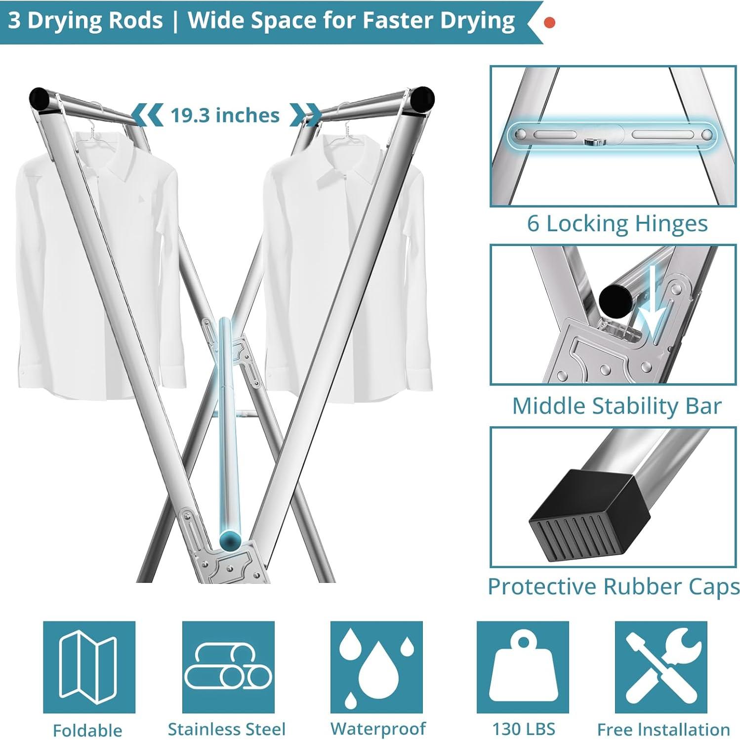 Estante para Secar Ropa JAUREE 241 cm Acero Inoxidable Plegable
