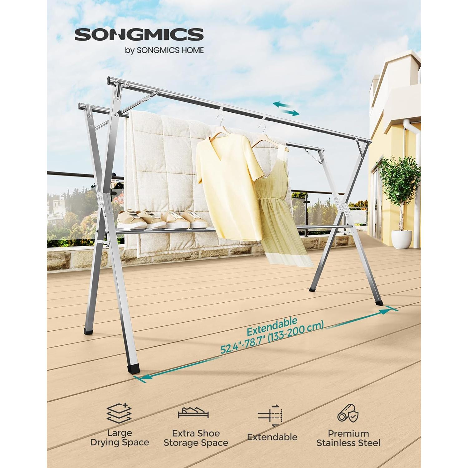 Estante Secar Ropa SONGMICS Acero Inoxidable Plegable 133-199 cm