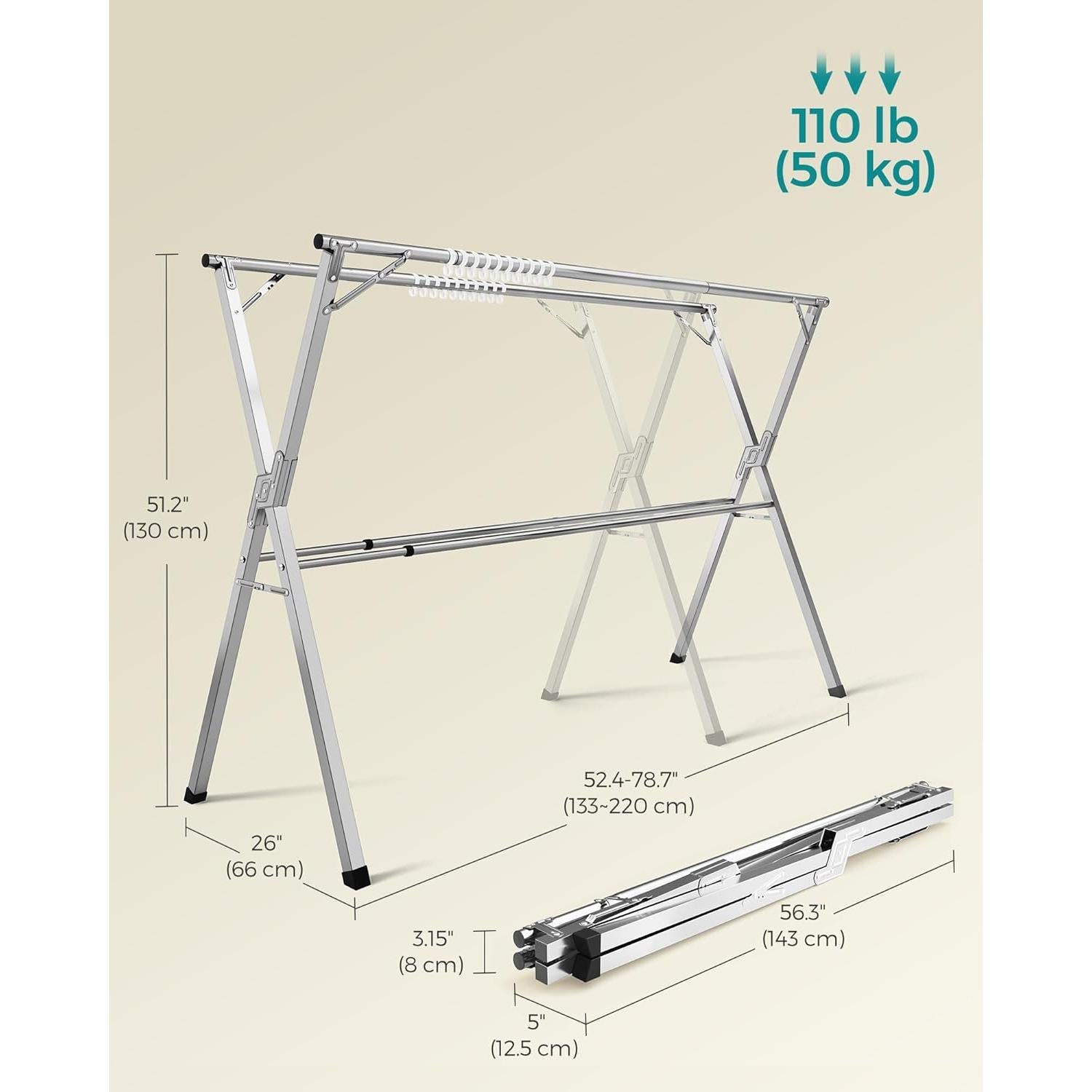 Estante Secar Ropa SONGMICS Acero Inoxidable Plegable 133-199 cm