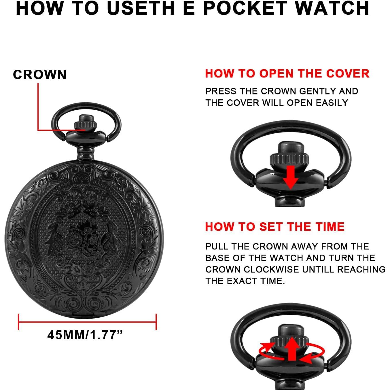 Reloj de bolsillo SwitchMe negro con flores y números romanos