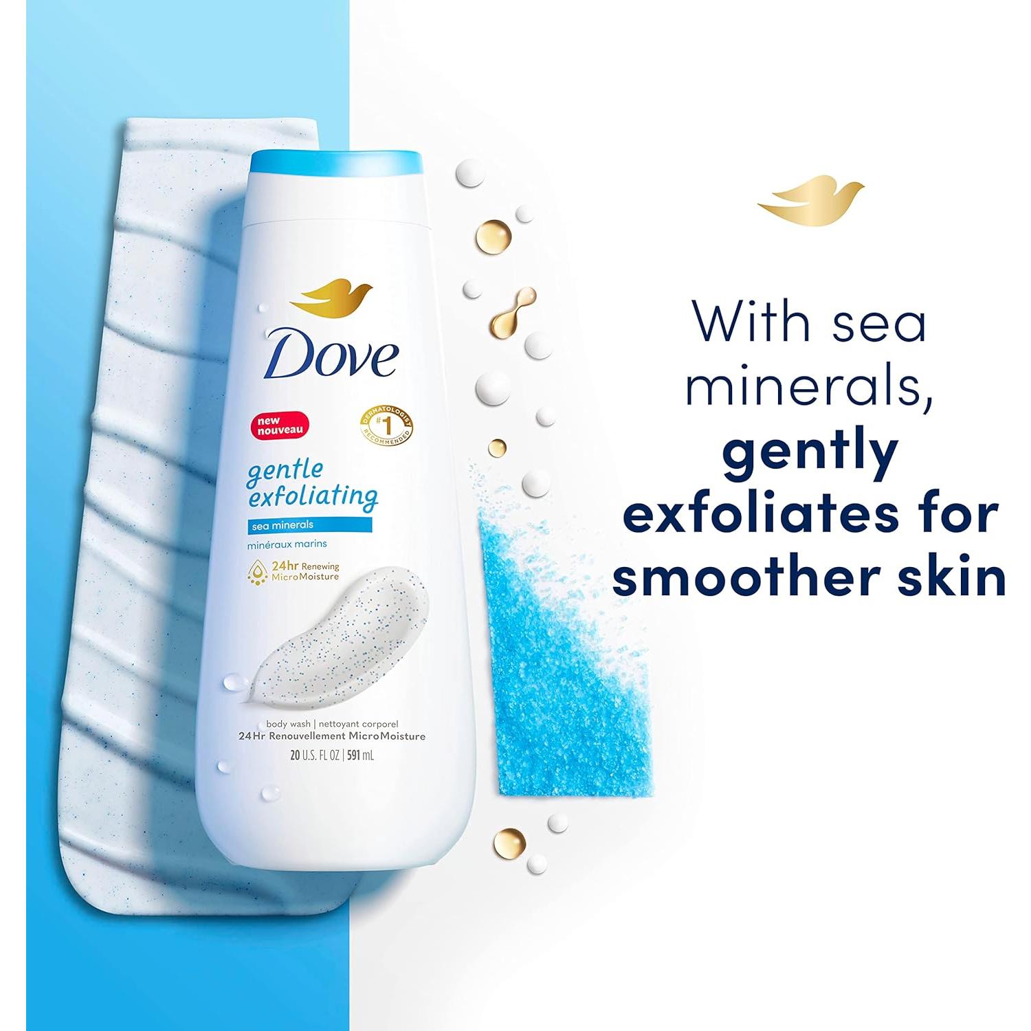 Dove Gel de Baño Suave Exfoliante 4x20 oz con Minerales