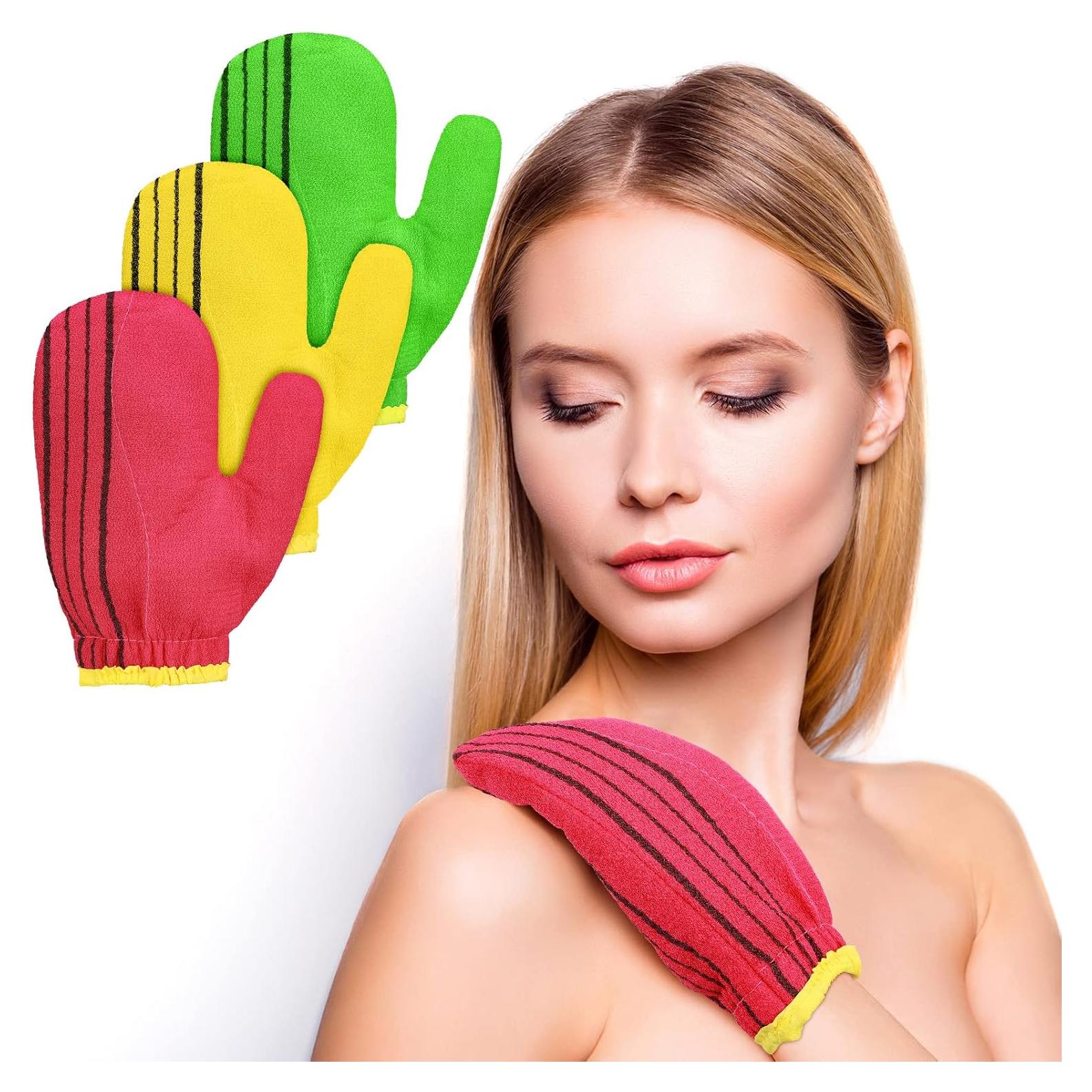 3 Guantes Exfoliantes Corporales Tatuo Rayón Rojo Verde Amarillo