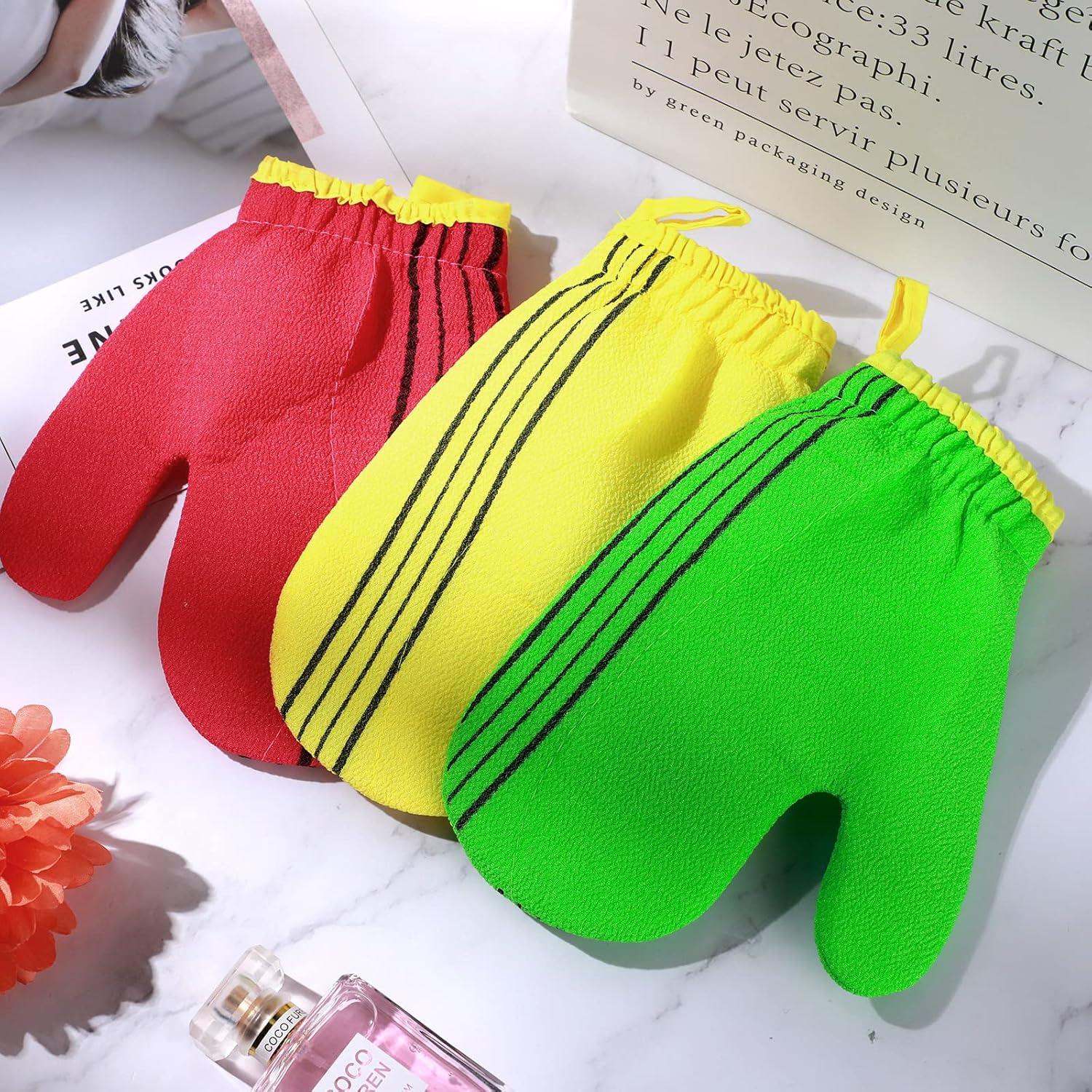 3 Guantes Exfoliantes Corporales Tatuo Rayón Rojo Verde Amarillo
