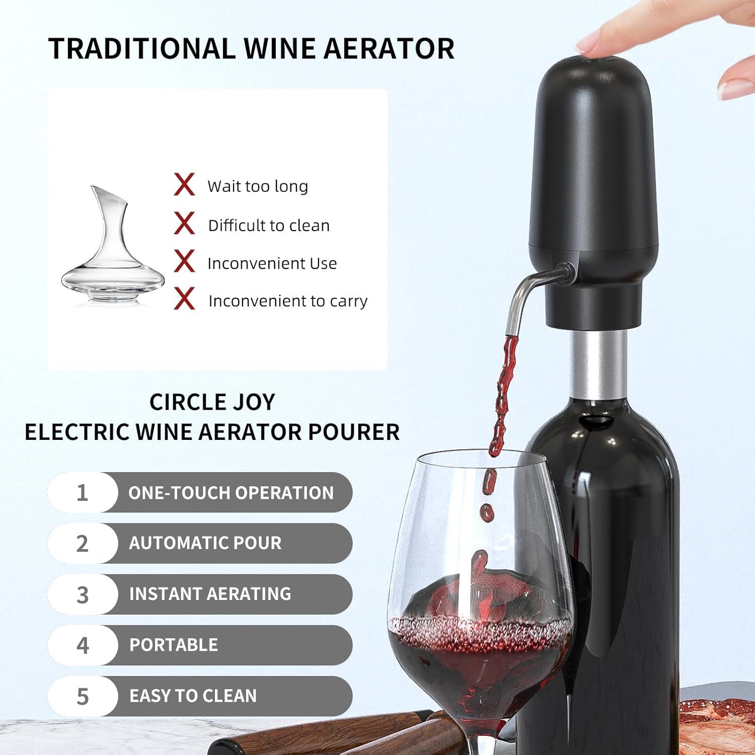 CIRCLE JOY Abrebotellas Eléctrico con Aerador y Tapón - Negro