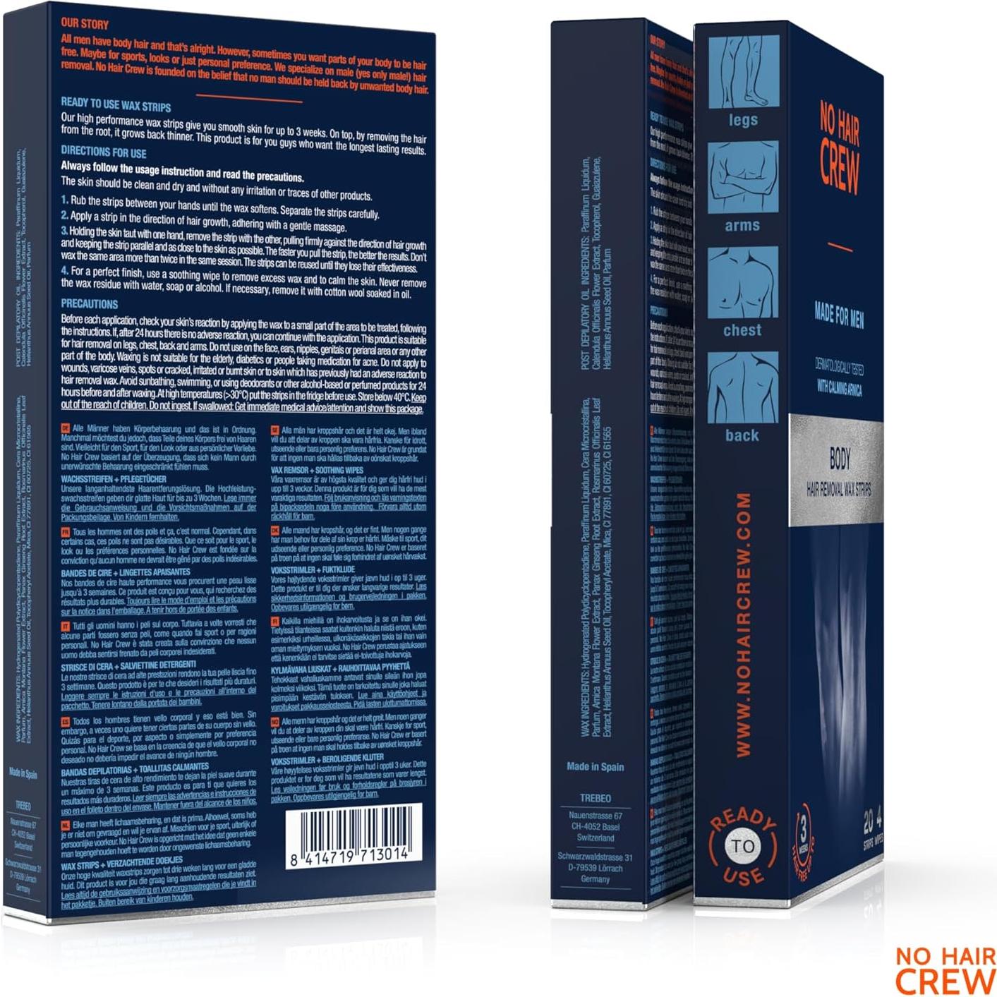 Cintas de Cera Corporal NO HAIR CREW para Hombres 20 unidades