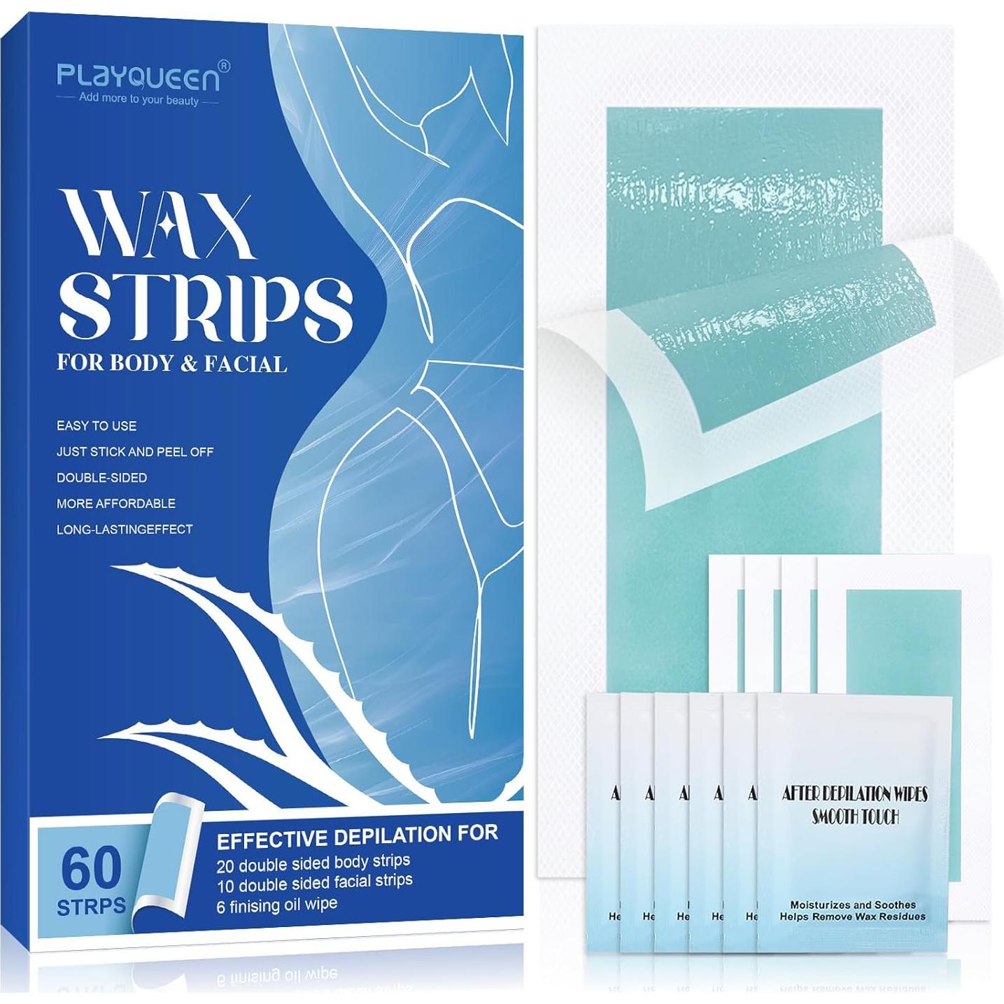 Tiras de cera depilatoria PLAYQUEEN 60 unidades kit completo