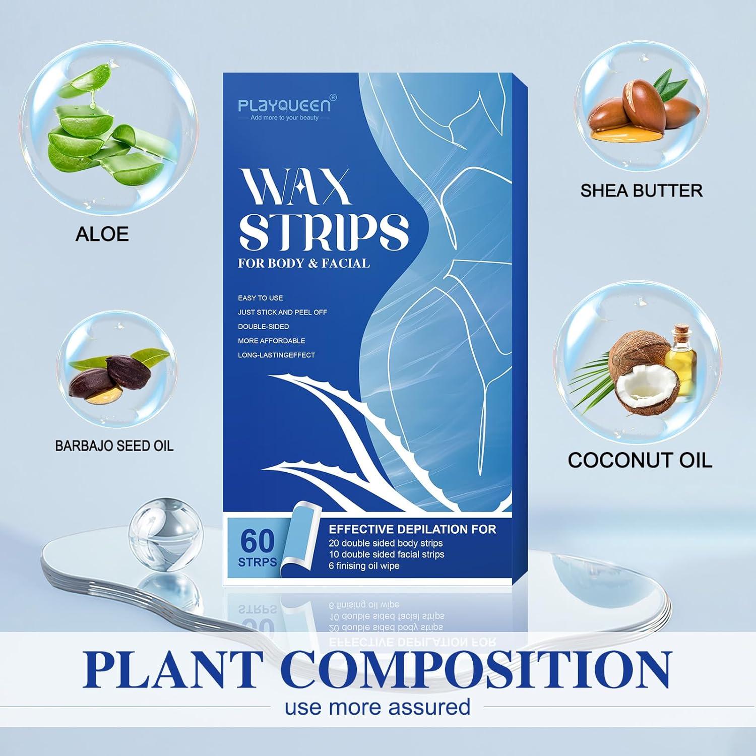 Tiras de Cera Hipoalergénicas PLAYQUEEN 40 Grandes + 20 Pequeñas