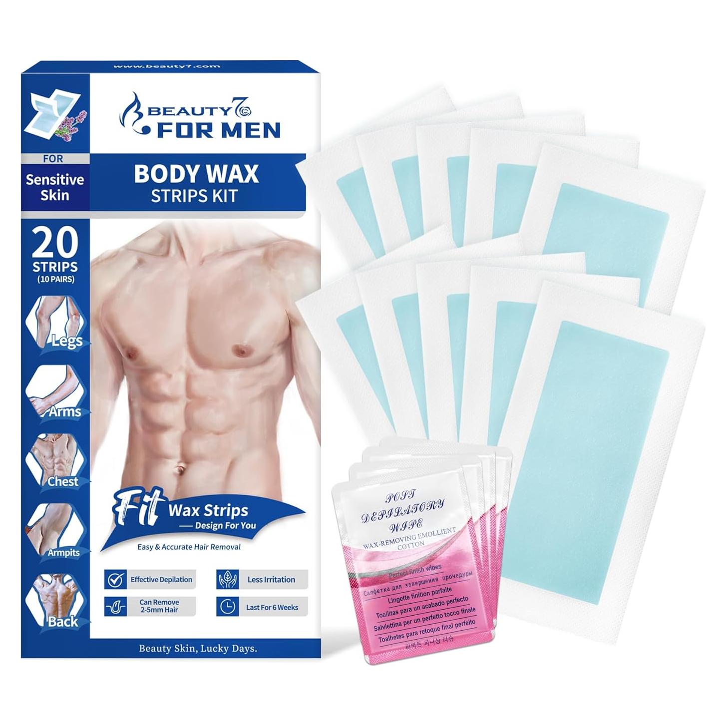 Cintas de Cera Beauty7 para Hombres - Kit 20 Cintas y 4 Toallitas
