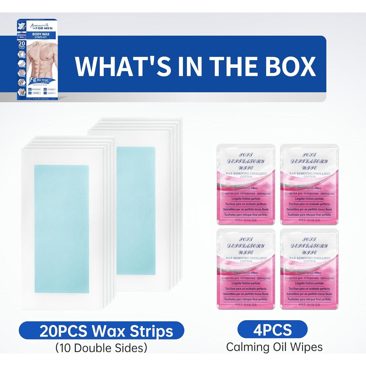 Cintas de Cera Beauty7 para Hombres - Kit 20 Cintas y 4 Toallitas