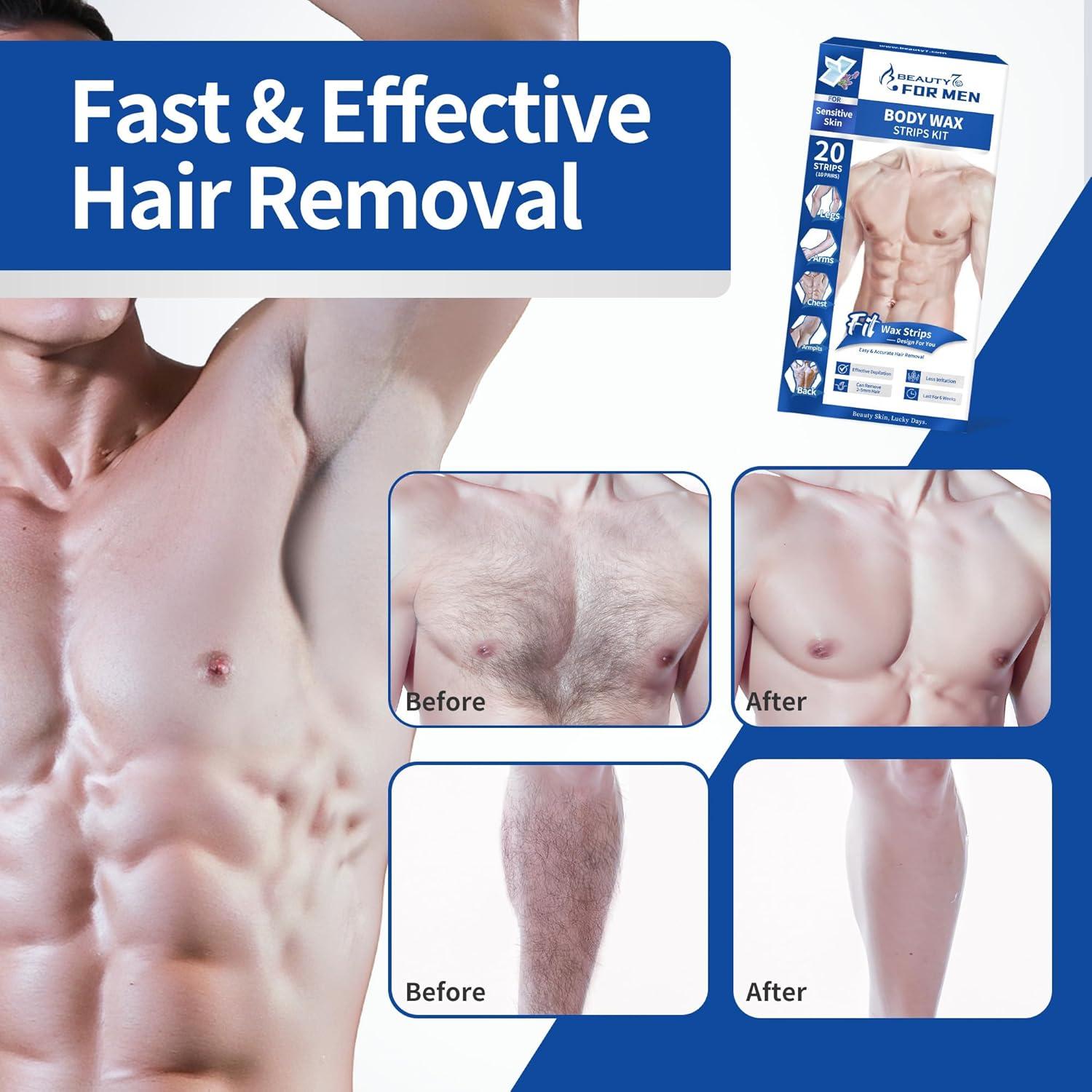 Cintas de Cera Beauty7 para Hombres - Kit 20 Cintas y 4 Toallitas