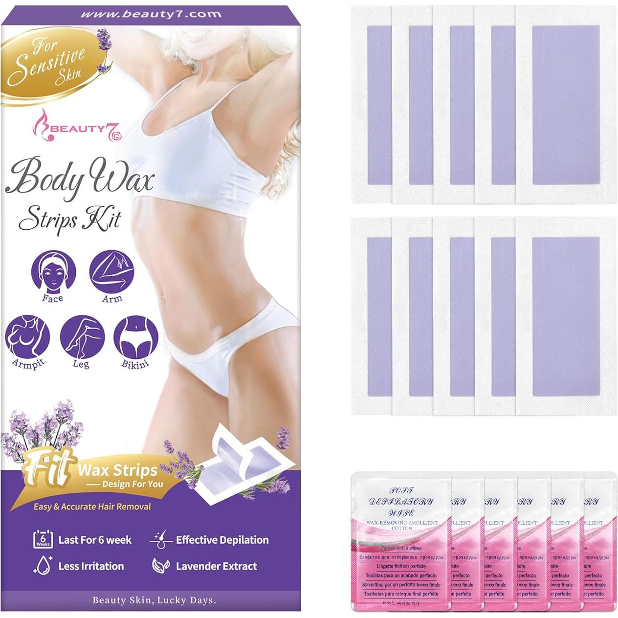 Cintas de Cera para Mujeres Beauty7 - Kit 20 Cintas y 6 Toallitas