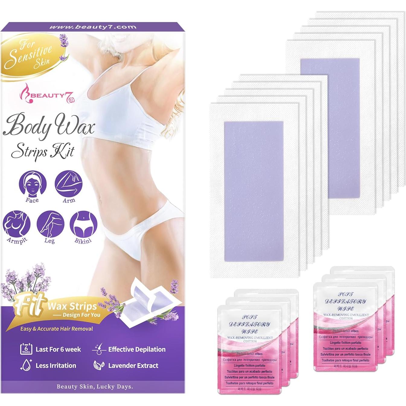 Cintas de Cera para Mujeres Beauty7 - Kit 20 Cintas y 6 Toallitas