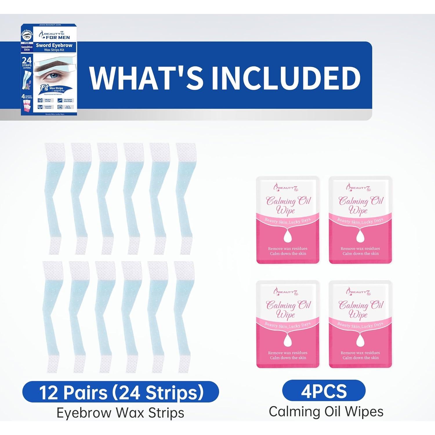 Ceras para Cejas Beauty7 para Hombres - 24 Tiras y 4 Toallitas