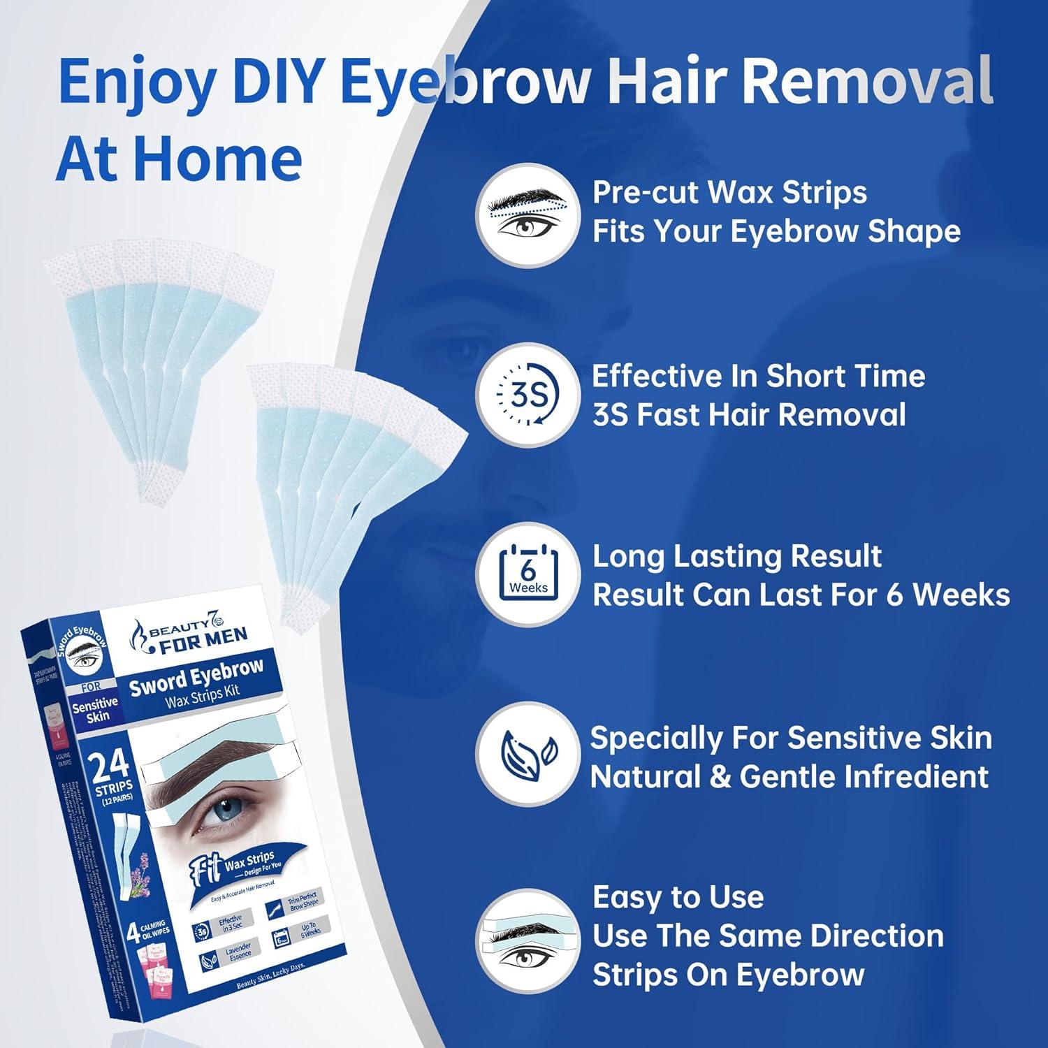 Ceras para Cejas Beauty7 para Hombres - 24 Tiras y 4 Toallitas