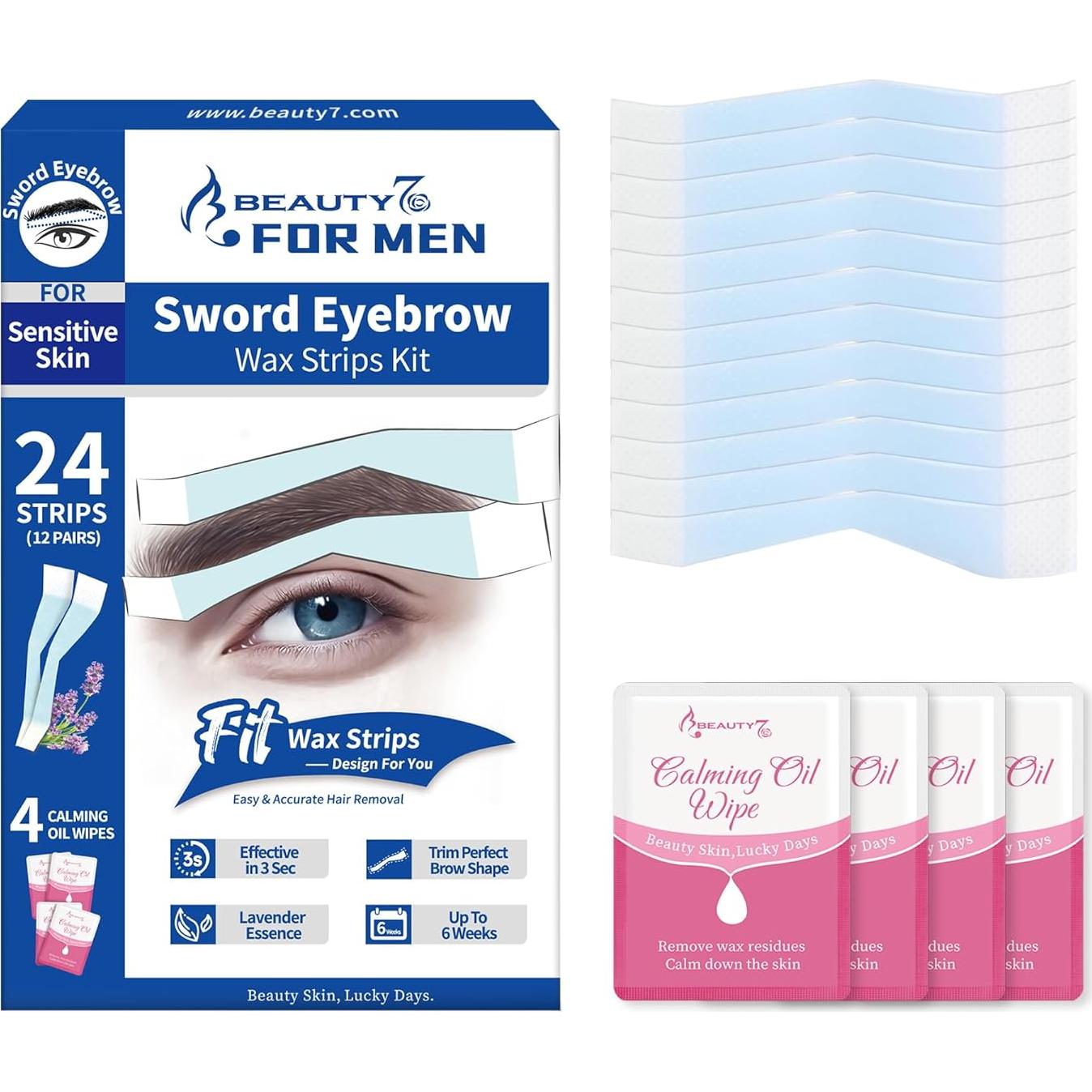 Ceras para Cejas Beauty7 para Hombres - 24 Tiras y 4 Toallitas