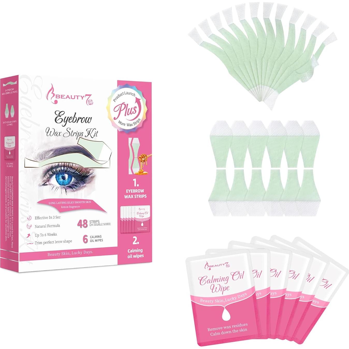 Cera para Cejas Beauty7 Fit 48 Tiras + 6 Toallitas Calmantes