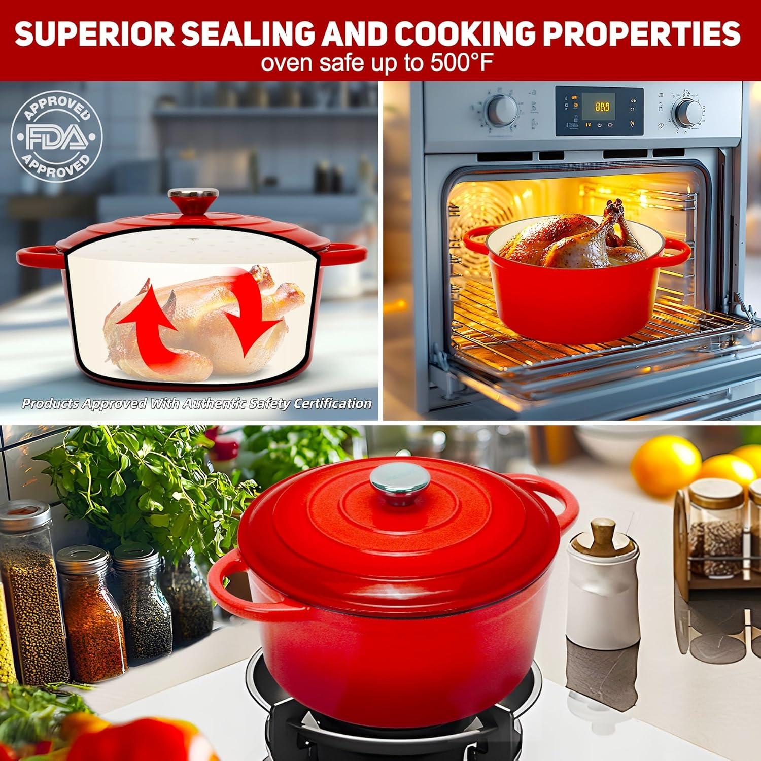 Horno de Pan LEADKooKers 5QT Hierro Fundido Esmaltado Rojo