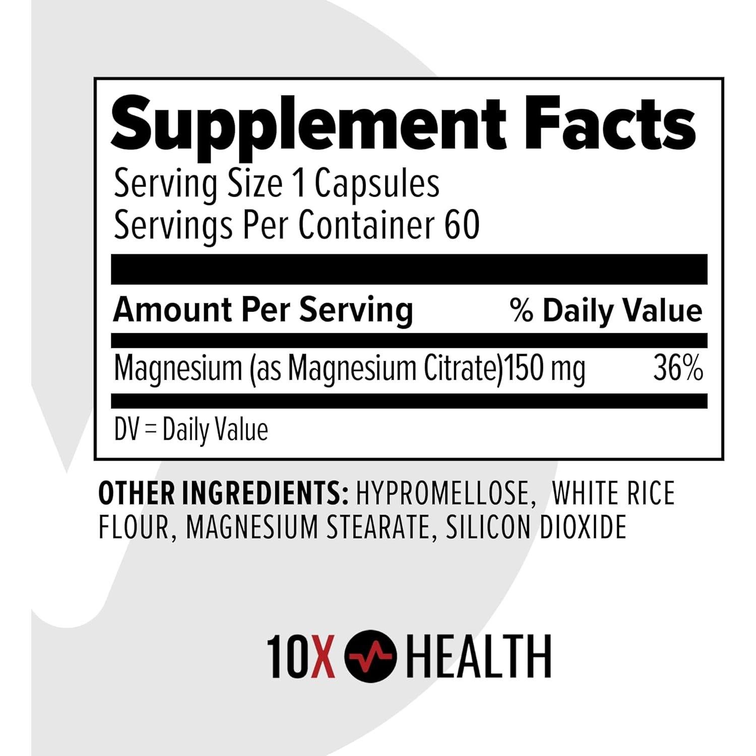 Suplemento de Magnesio 10X Health - Citrato 60 Cápsulas