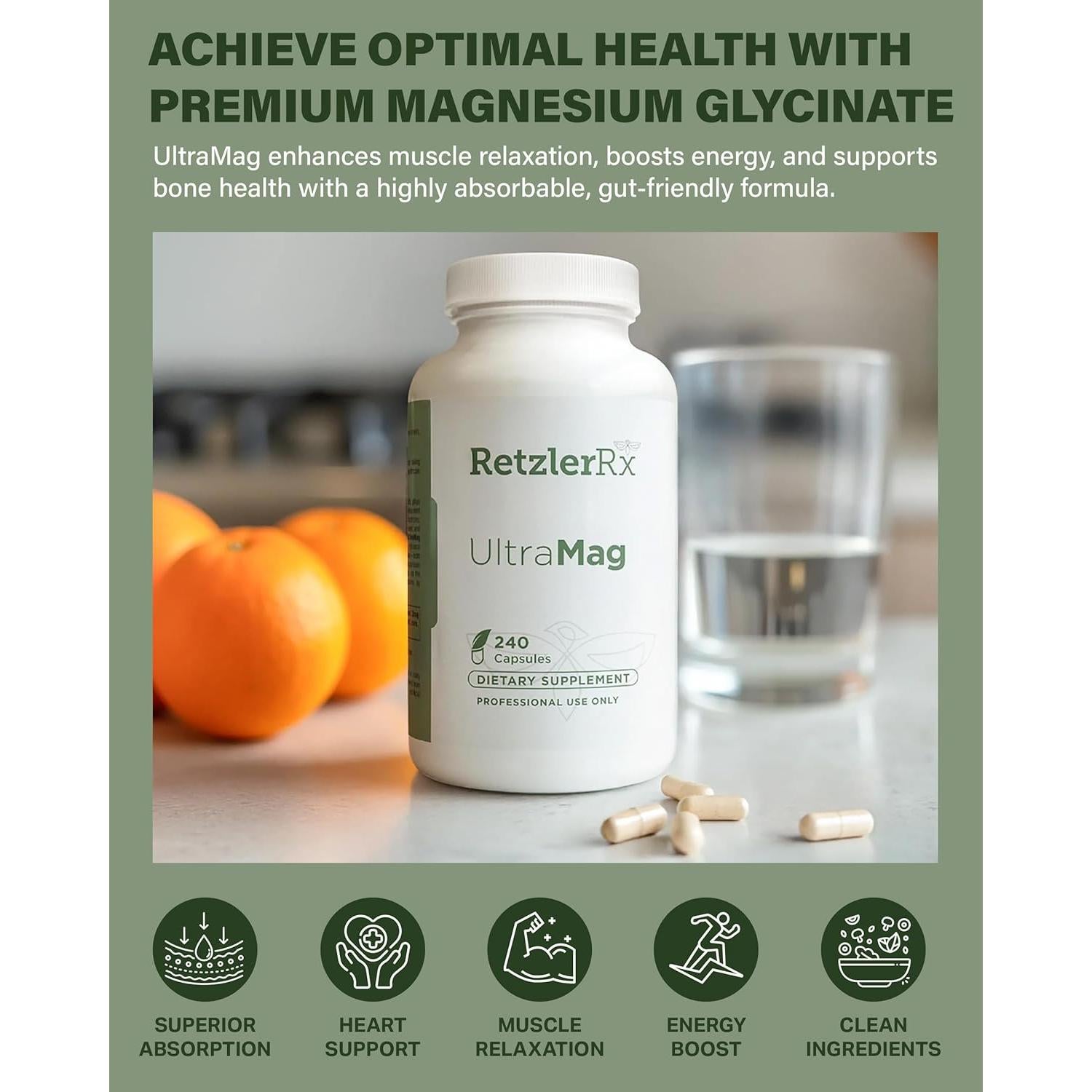 Suplemento Glicinato de Magnesio RetzlerRx UltraMag 240 Cápsulas