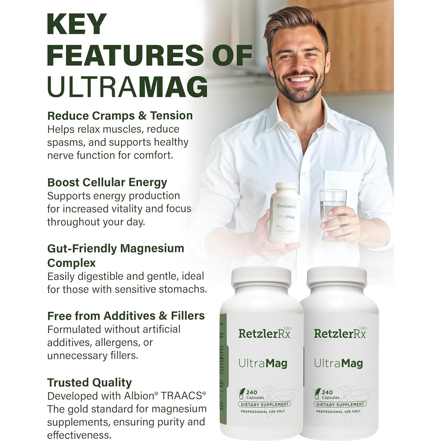 Suplemento Glicinato de Magnesio RetzlerRx UltraMag 240 Cápsulas