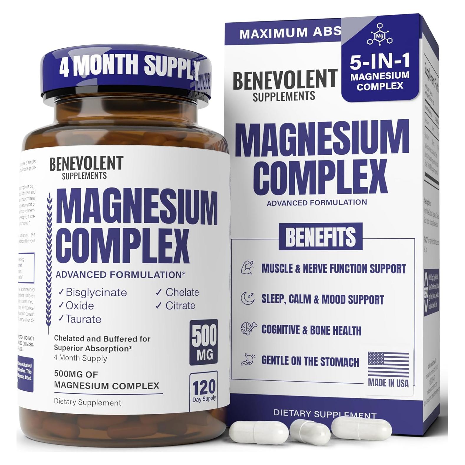 Suplemento de Magnesio 500mg Benevolent 120 Cápsulas