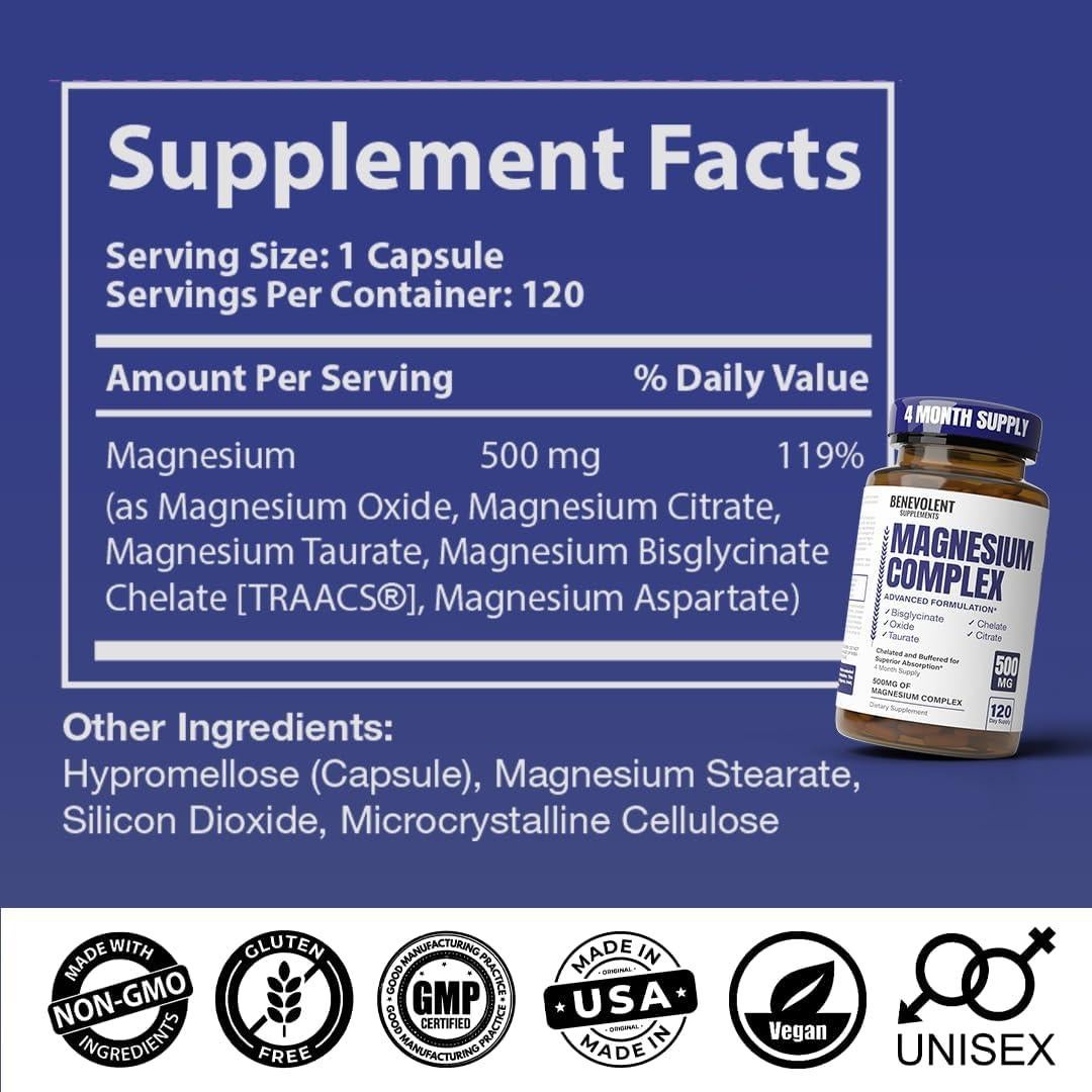 Suplemento de Magnesio 500mg Benevolent 120 Cápsulas