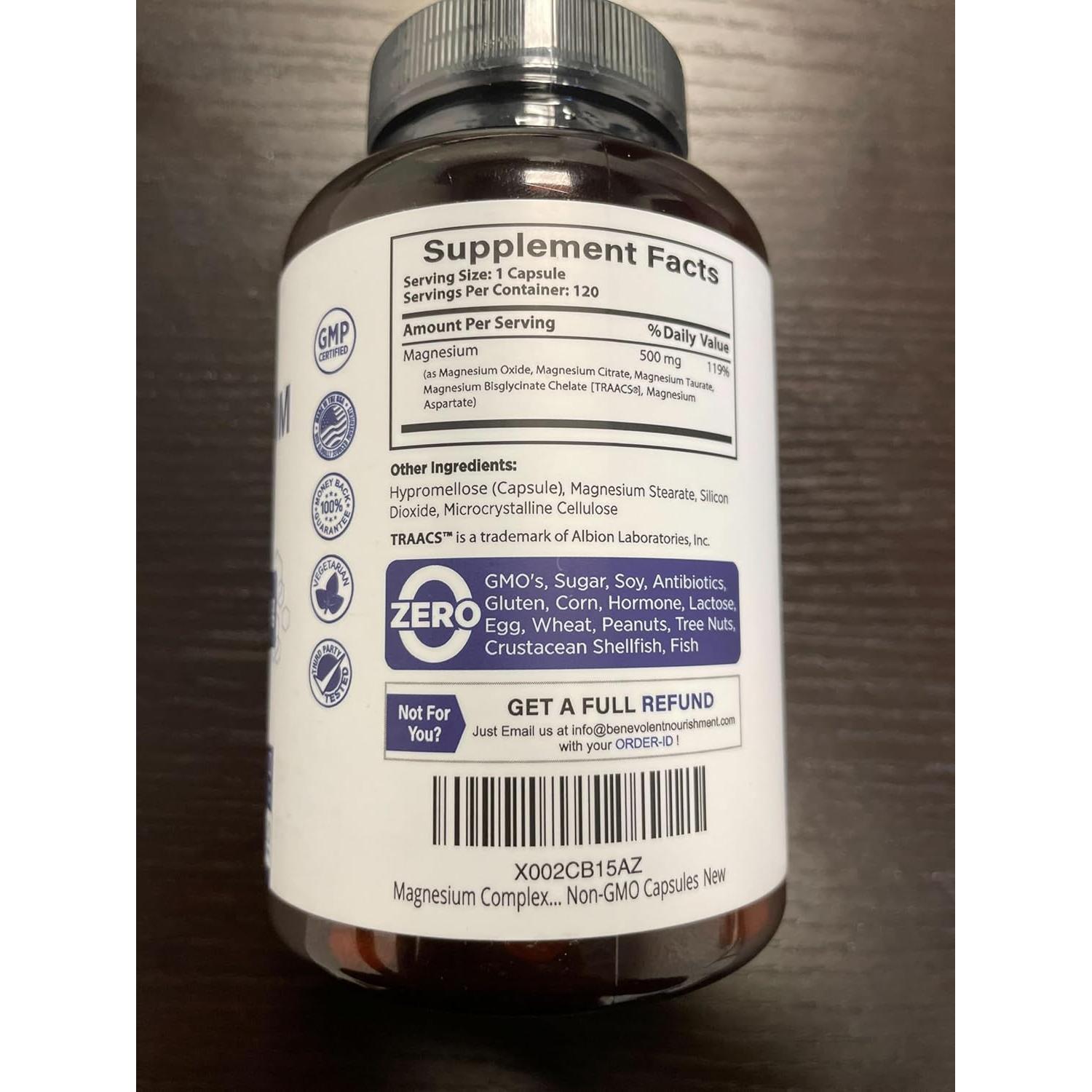 Suplemento de Magnesio 500mg Benevolent 120 Cápsulas