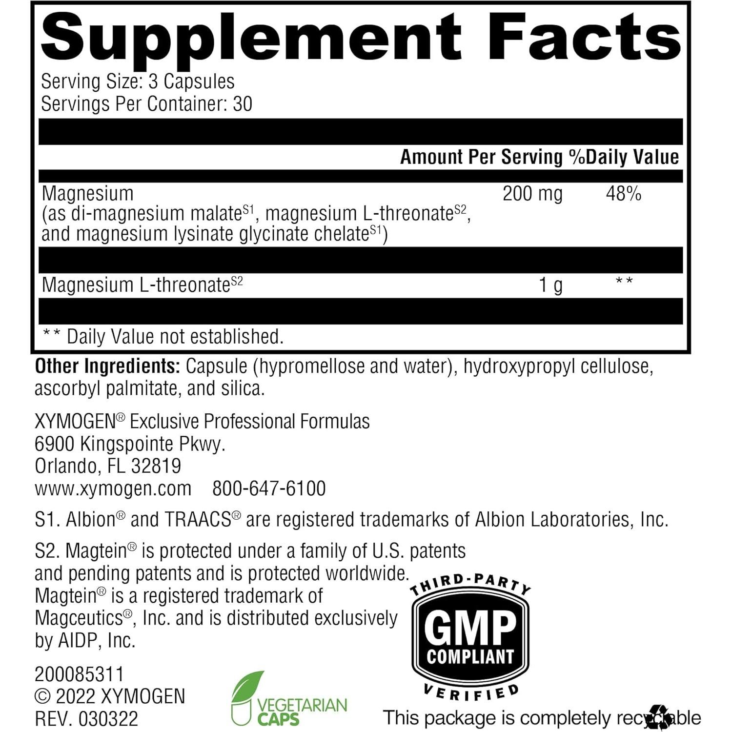 Suplemento de Magnesio L Treonato Xymogen 90 Cápsulas